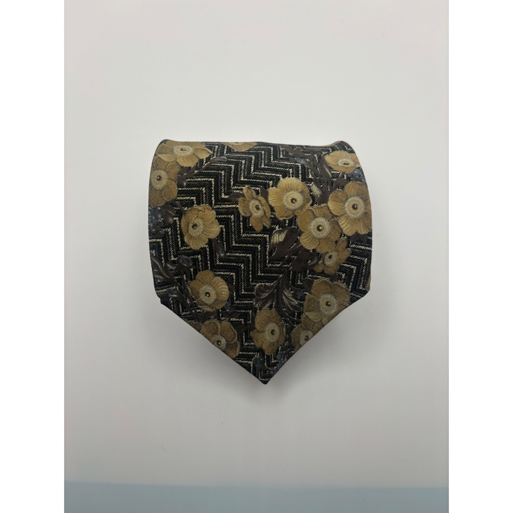 Henry Grethel Mens Silk Tie Floral Chevron Zig Zag Brown Tan Black Italian Silk